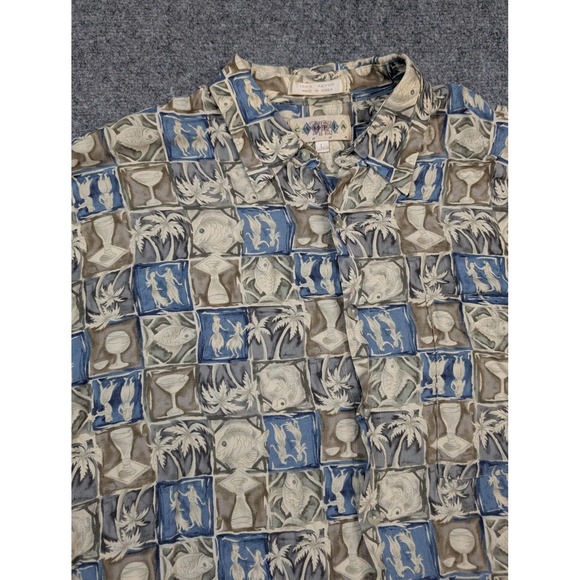 Campia Moda Shirt Mens Large Blue Tan Rayon Hawaiian Aloha Button Front Tropical - Picture 3 of 15